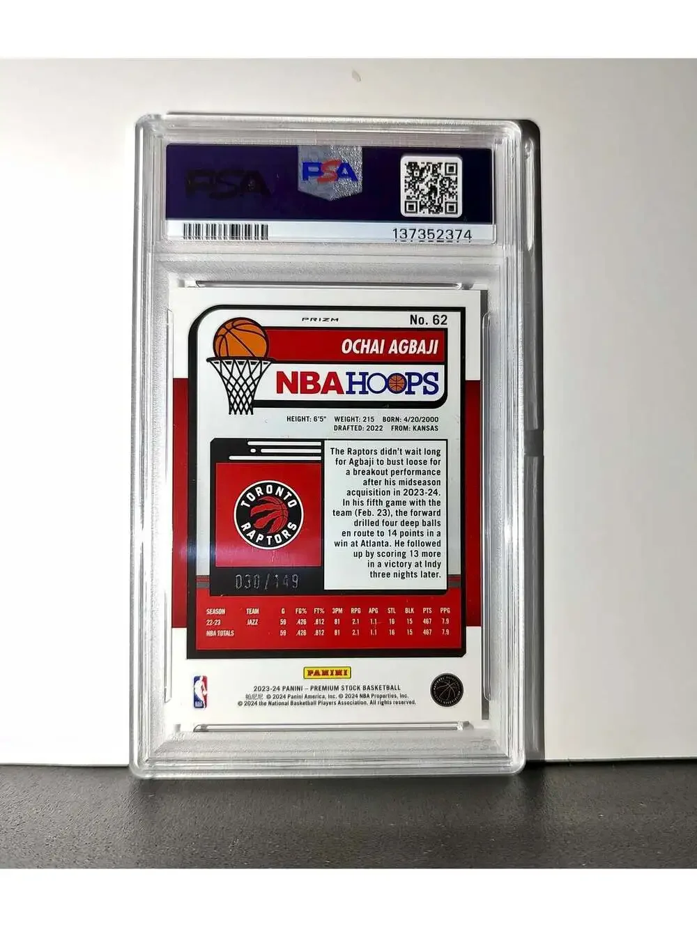 Ochai Agbaji 2023 Panini Hoops Premium #62 30/149 Red Disco Prizm PSA 10 Gem